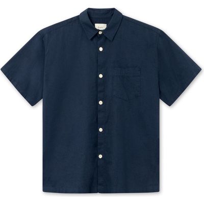 FORET Serene Cotton & Linen Short Sleeve Button-Up Shirt in Navy 