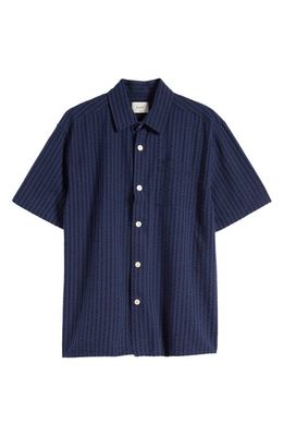 FORET Vole Short Sleeve Seersucker Button-Up Shirt in Navy