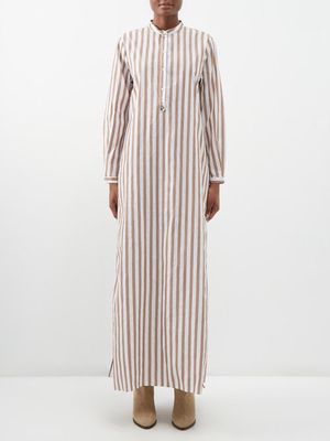 Fortela - Valery Stand-collar Striped Cotton Maxi Dress - Womens - Brown White