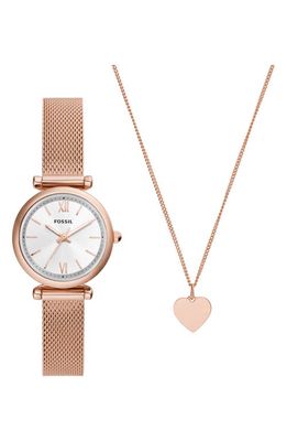Fossil Carlie Mesh Bracelet Watch & Heart Pendant Necklace Set