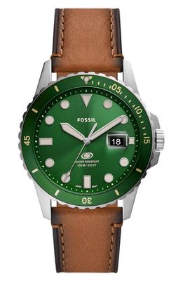 Fossil Leather Strap Watch, 42mm in Brown/silver/green 