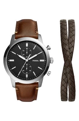 Fossil Townsman Chronograph Leather Strap Watch & Leather Bracelet Set in Silver/Brown