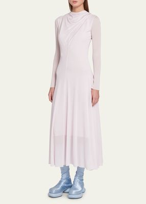 Foulard-Neck Long-Sleeve Viscose Midi Dress