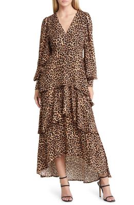 Fourteenth Place Floral Long Sleeve Tiered High/Low Dress in Cacao Leopard