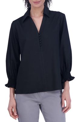 Foxcroft Alexis Smocked Cuff Sateen Popover Top in Black 