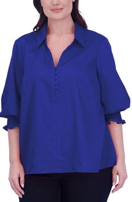 Foxcroft Alexis Smocked Cuff Sateen Popover Top in Sapphire
