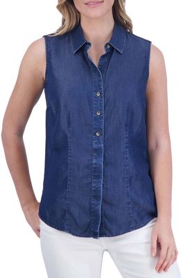 Foxcroft Ashley Sleeveless Chambray Button-Up Shirt in Navy