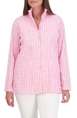 Foxcroft Carolina Crinkled Gingham Cotton Blend Button-Up Shirt in Softshell Pink