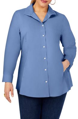 Foxcroft Cecilia Non-Iron Button-Up Tunic Shirt in Blue Denim