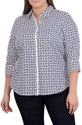 Foxcroft Charlie Geometric Print Cotton Button-Up Shirt in White/Navy