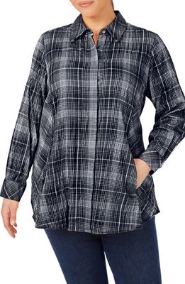 Foxcroft Cici Plaid Non-Iron Button-Up Tunic Shirt in Black