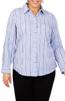 Foxcroft Hampton Stripe Non-Iron Button-Up Shirt in Blue Denim
