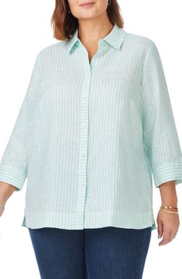 Foxcroft Harley Stripe Linen Button-Up Shirt in Sea Mist
