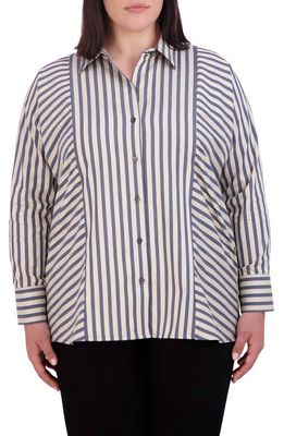 Foxcroft Jackie Directional Stripe Cotton Blend Button-Up Shirt in Navy/Neutral