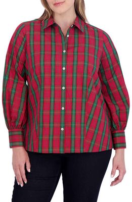 Foxcroft Joyce Metallic Tartan Button-Up Shirt in Red Tartan