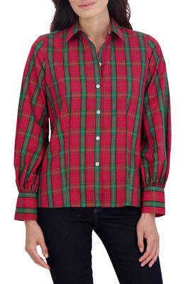 Foxcroft Joyce Tartan Plaid Cotton Blend Button-Up Shirt in Red Tartan Plaid