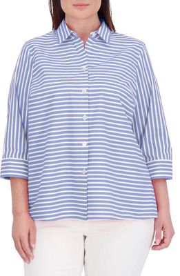Foxcroft Kelly Stripe Cotton Blend Button-Up Shirt in Periwinkle