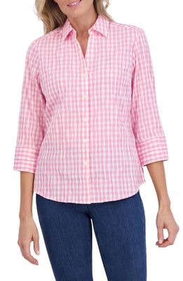 Foxcroft Mary Crinkled Gingham Cotton Blend Shirt in Softshell Pink