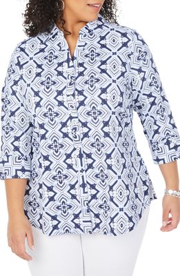Foxcroft Mary Floral Geometric Print Shirt in Soft Indigo