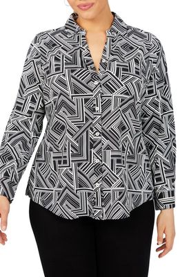 Foxcroft Mary Geometric Print Button-Up Shirt in Black