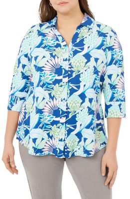 Foxcroft Mary Oasis Floral Print Button-Up Shirt in Blue Breeze