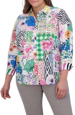 Foxcroft Meghan Patchwork Floral Print Cotton Button-Up Shirt in Pink Multi