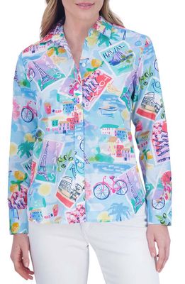 Foxcroft Meghan Travel Print Cotton Button-Up Shirt in Blue Multi