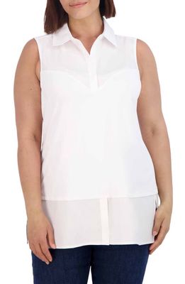 Foxcroft Mixed Media Sleeveless Button-Up Shirt in White