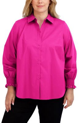 Foxcroft Olivia Smocked Cuff Cotton Blend Button-Up Shirt in Azalea