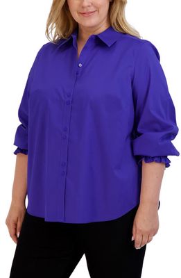 Foxcroft Olivia Smocked Cuff Cotton Blend Button-Up Shirt in Blue Iris