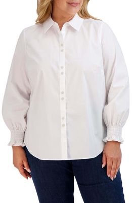 Foxcroft Olivia Smocked Cuff Cotton Blend Button-Up Shirt in White
