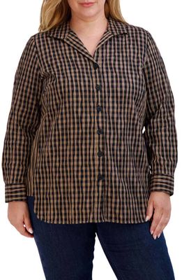 Foxcroft Pandora Gingham Cotton Blend Button-Up Shirt in Almond/Black