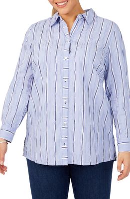Foxcroft Santino Stripe Non-Iron Button-Up Tunic Shirt in Blue Denim