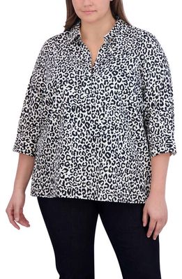 Foxcroft Sophia Leopard Print Three-Quarter Sleeve Cotton Popover Shirt in Multi