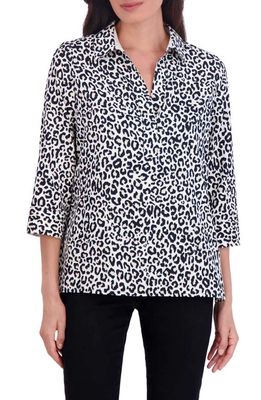 Foxcroft Sophia Leopard Print Three-Quarter Sleeve Cotton Popover Shirt in White Multi