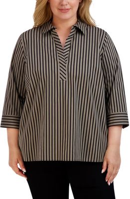 Foxcroft Sophia Stripe Three-Quarter Sleeve Stretch Button-Up Shirt in Almond/Black