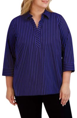 Foxcroft Sophia Stripe Three-Quarter Sleeve Stretch Button-Up Shirt in Blue Iris