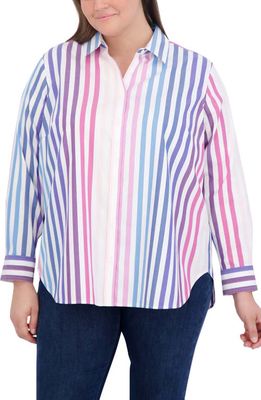 Foxcroft Stripe Cotton Button-Up Shirt in White Multi
