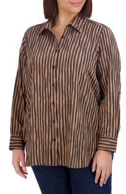 Foxcroft Stripe Crinkle Cotton Blend Button-Up Shirt in Almond/Black
