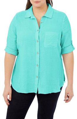 Foxcroft Tamara Cotton Gauze Button-Up Shirt in Sea Mist