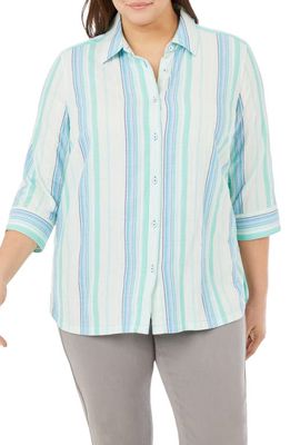 Foxcroft Thea Oasis Stripe Cotton Blend Button-Up Shirt in Sea Mist