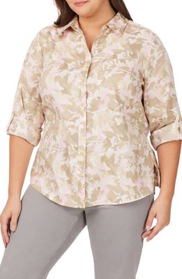 Foxcroft Zoey Abstract Print Roll Tab Non-Iron Cotton Button-Up Shirt in Ivory Multi