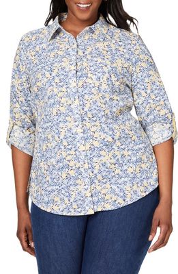 Foxcroft Zoey Leaf Print Cotton Button-Up Blouse in Iris Bloom