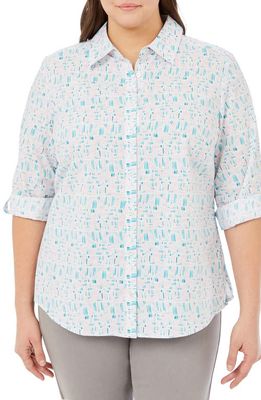 Foxcroft Zoey Printed Roll Tab Cotton Button-Up Shirt in Oceanside