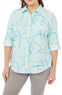Foxcroft Zoey Swirl Print Roll Tab Cotton Button-Up Shirt in Sea Mist