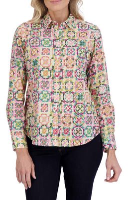 Foxcroft Zoey Watercolor Cotton Button-Up Shirt in Beige Multi