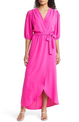 Fraiche by J Puff Sleeve Faux Wrap Maxi Dress in Pink