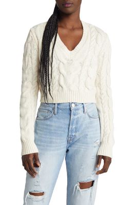 FRAME Cable Crop Merino Wool Sweater in Off White