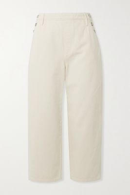 FRAME - Cropped Button-embellished Cotton-twill Wide-leg Pants - Off-white