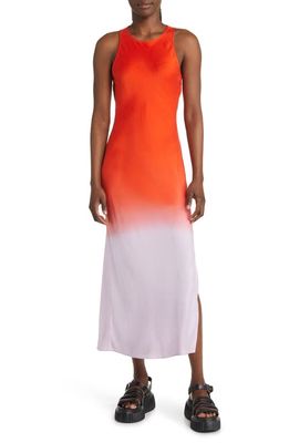 FRAME Dip Dye Silk Bias Cut Midi Dress in Red Orange Multi